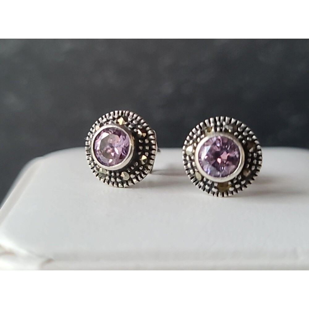 925 Sterling Silver Amethyst & Marcasite Stud Earrings Vintage READ Description